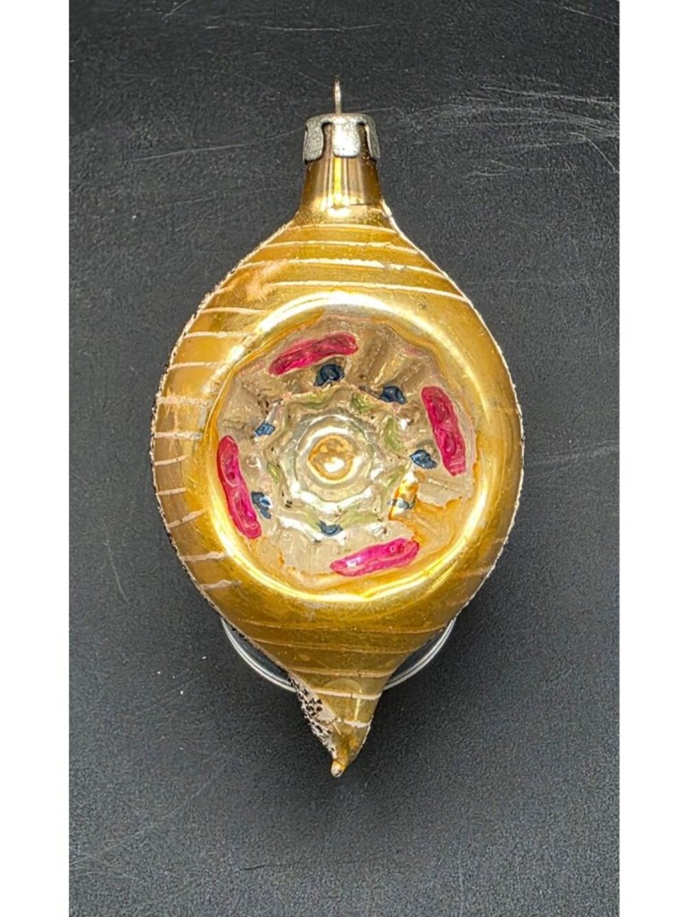 Vintage MCM Teardrop 3" Mercury Glass Indented Reflector Christmas Ornament Gold